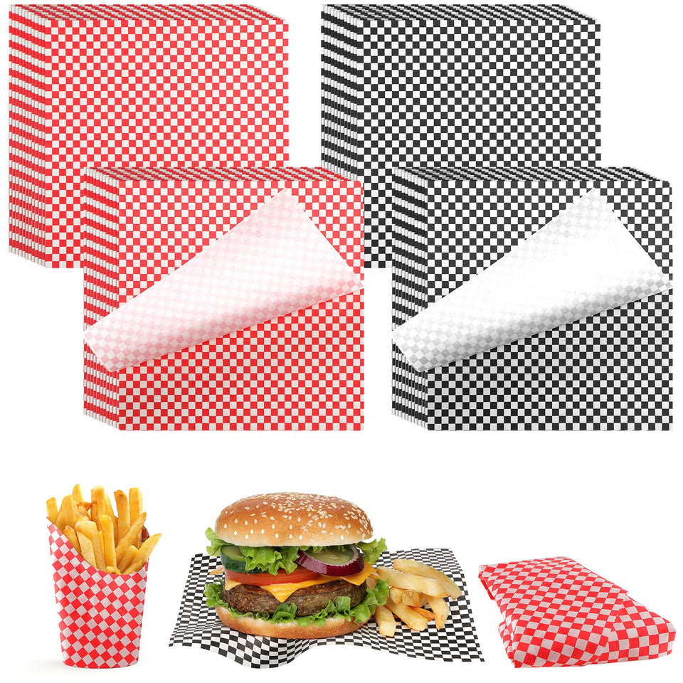 Tanlade deli paper sheets 12x12 black checkered pattern, grease resistant for neat packaging.