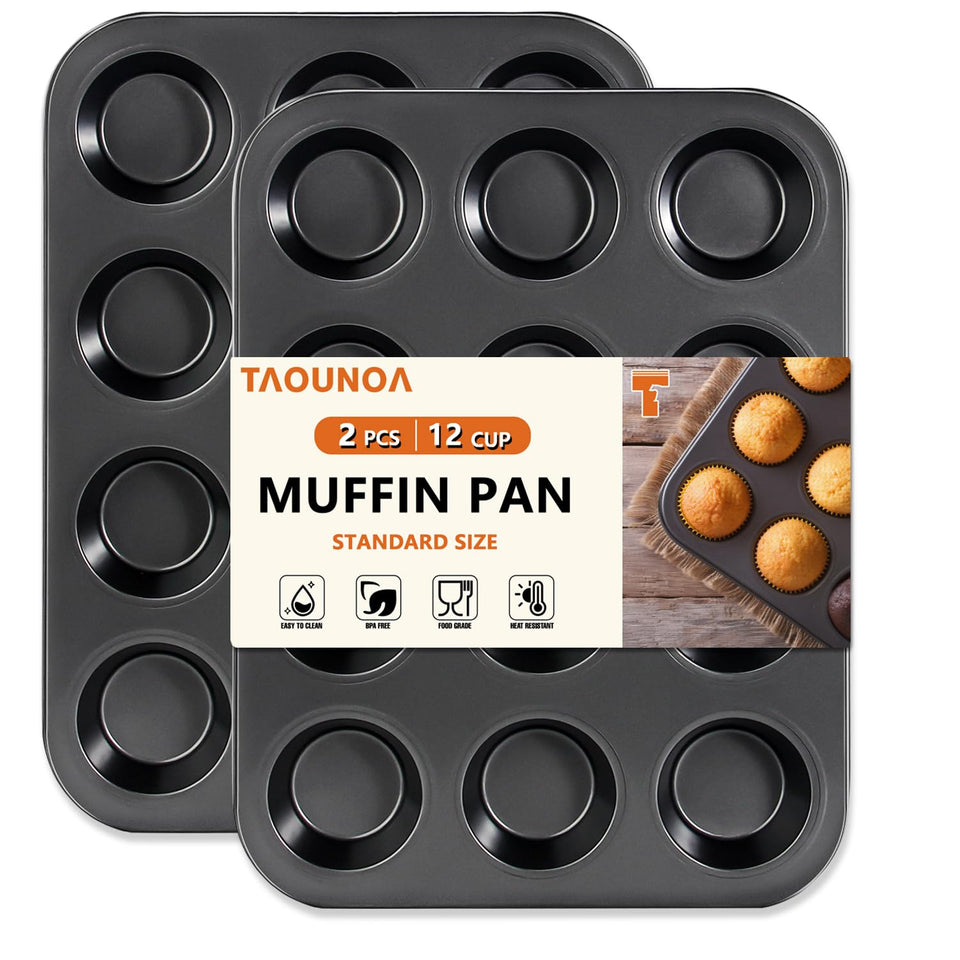 Taounoa muffin tin 12-well set for batch baking with even heat.