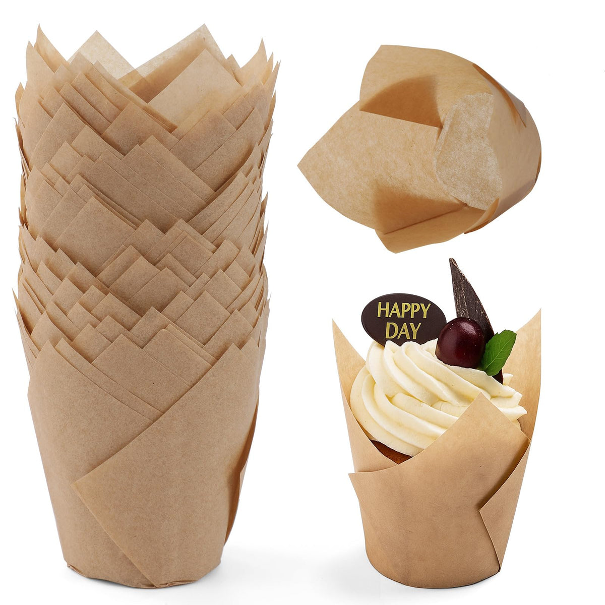 Taoxi tulip cupcake liners in natural brown color for elegant presentation.