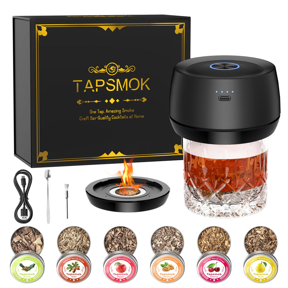 Tapsmok electric whiskey smoker kit front view for quick at-home flavor infusion.