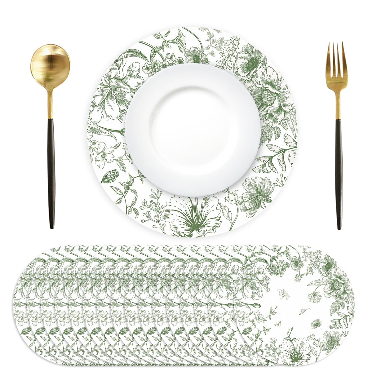 Tarklanda green floral placemats, 13.7-inch round, ideal for dinner parties and easy cleanup.