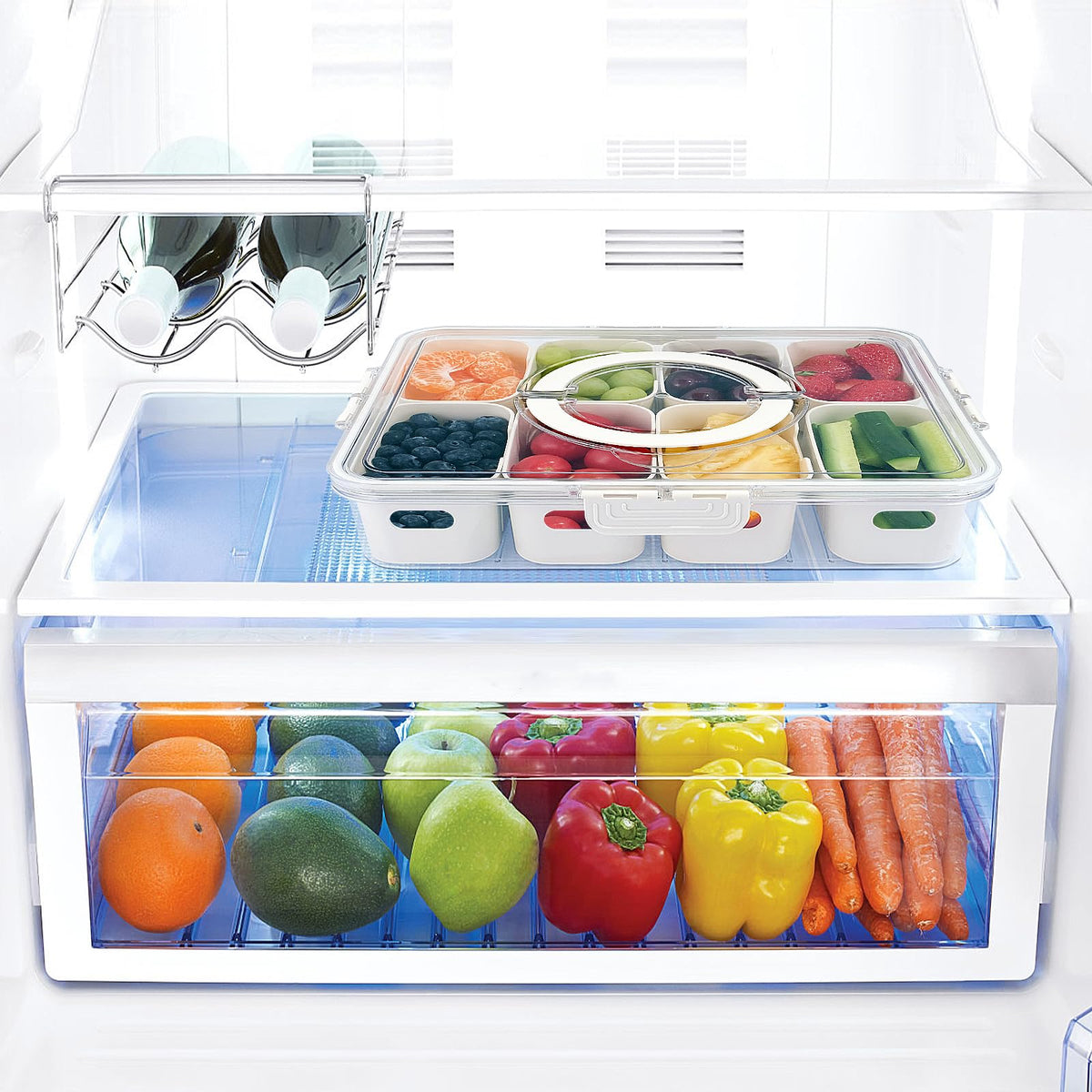 TAROSE Snackle Box Container in fridge for organized vegetable and fruit storage.
