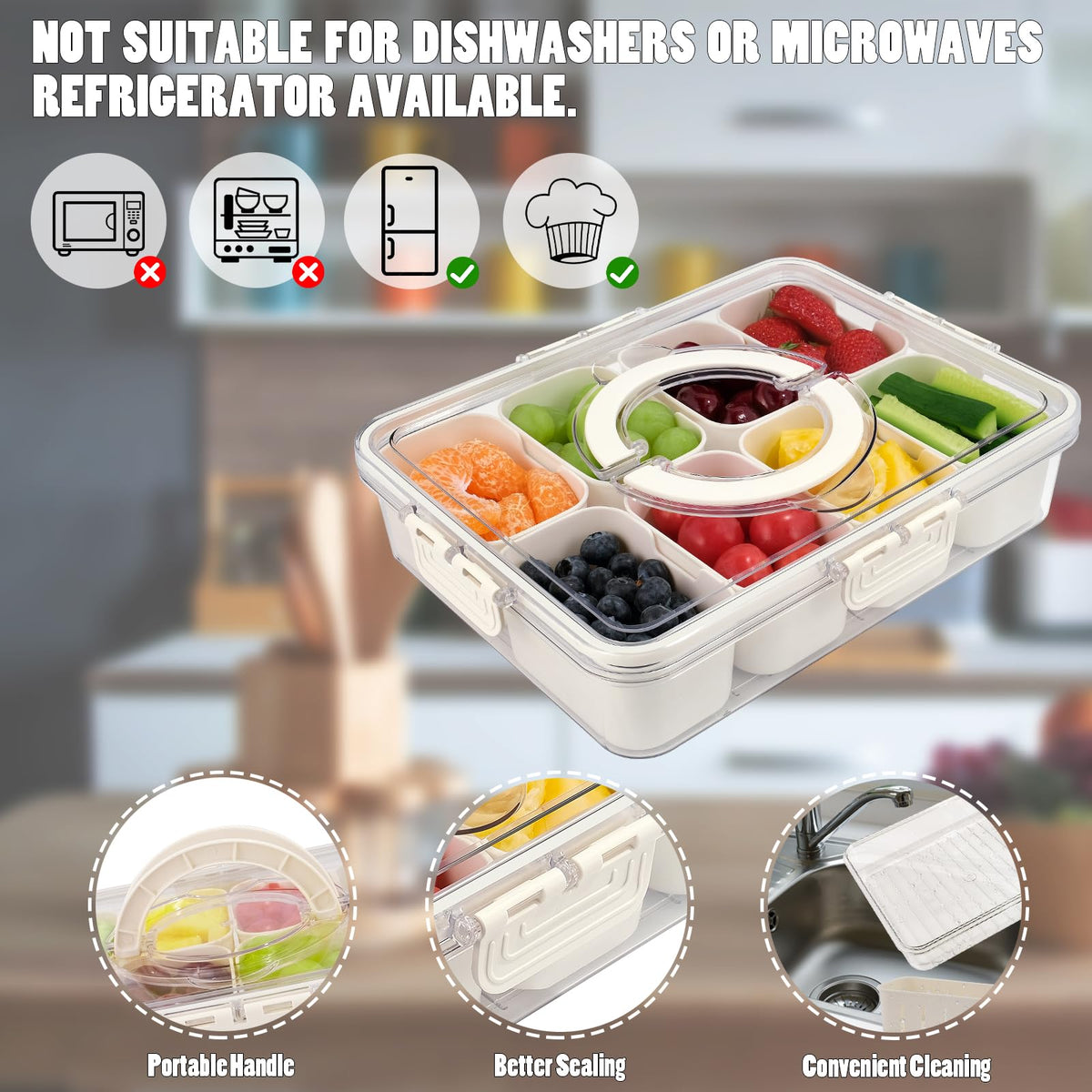TAROSE Snackle Box Container with removable dividers for flexible spacing.