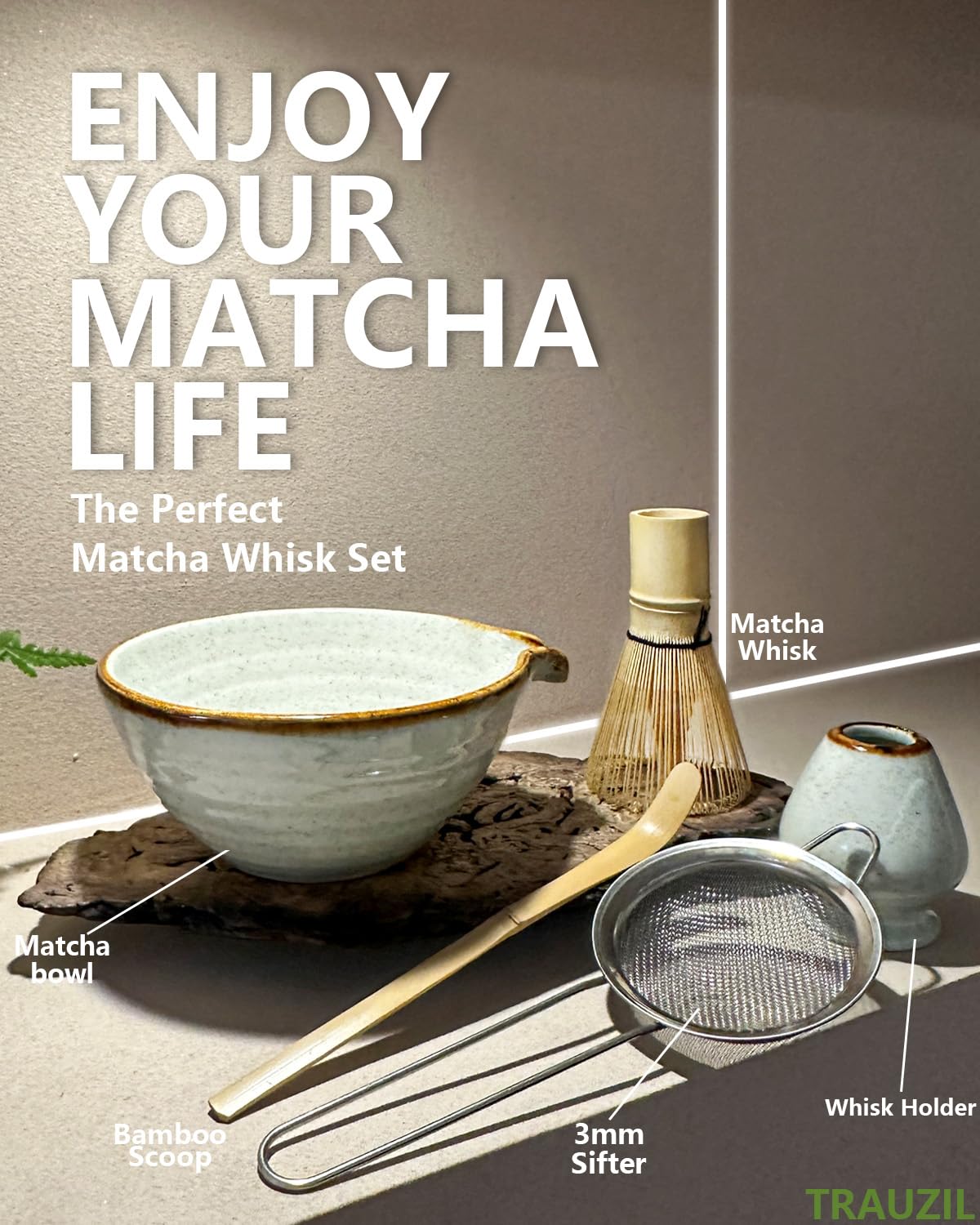 Taruzil Matcha bamboo whisk ready for silky froth and smooth texture.