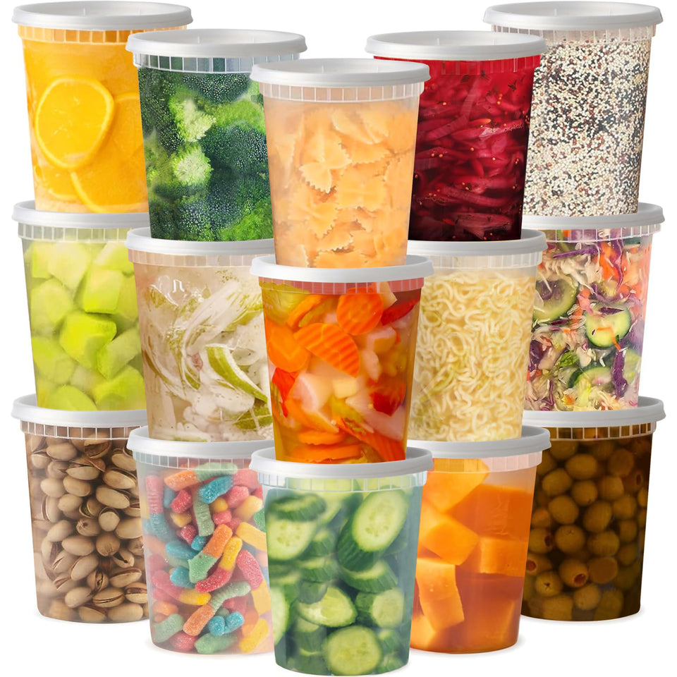 TashiBox 48-pack 32 oz deli containers with clear lids for quick content spotting.