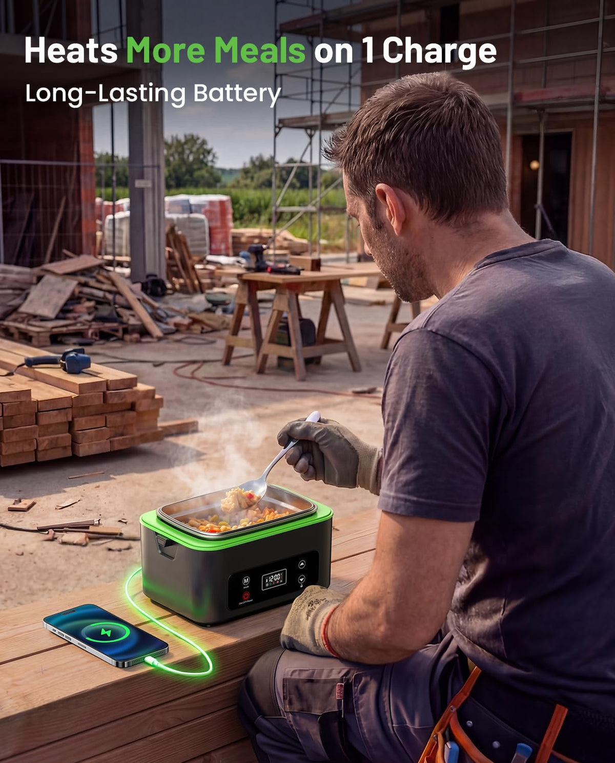 TaskStar heated lunch box open tray shows 1.2L capacity for leftovers on the go.