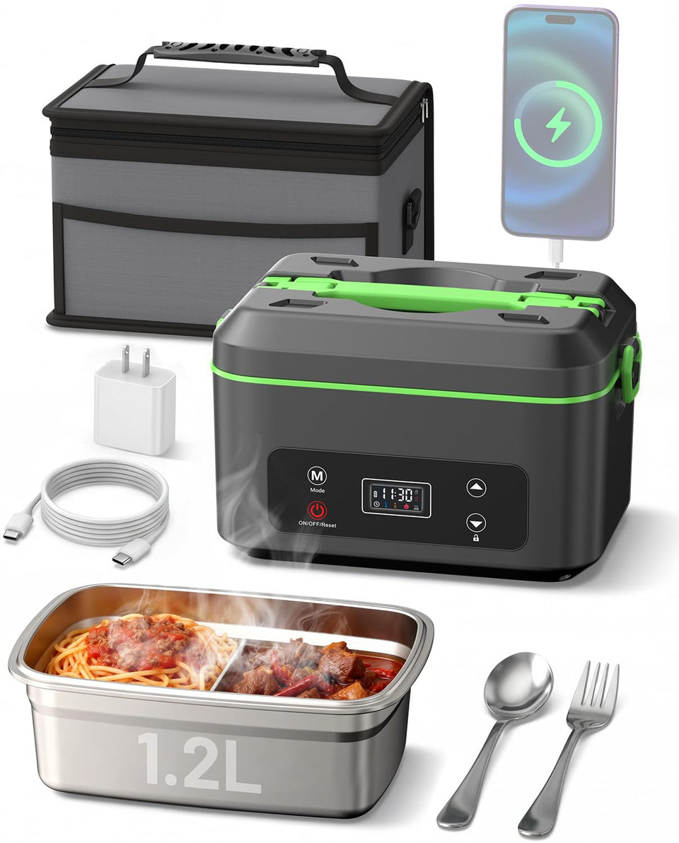 TaskStar heated lunch box side view highlights portable design for on-site meals.