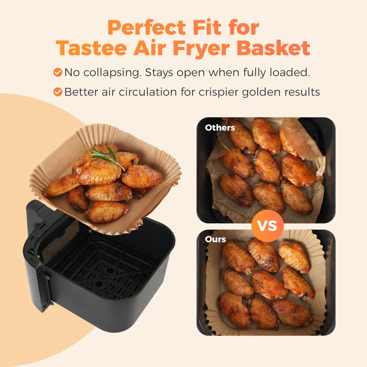 Tastee Air Fryer Liners in a 3-6QT basket, promoting even air exposure.