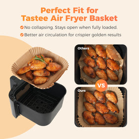 Tastee Air Fryer Liners in a 3-6QT basket, promoting even air exposure.