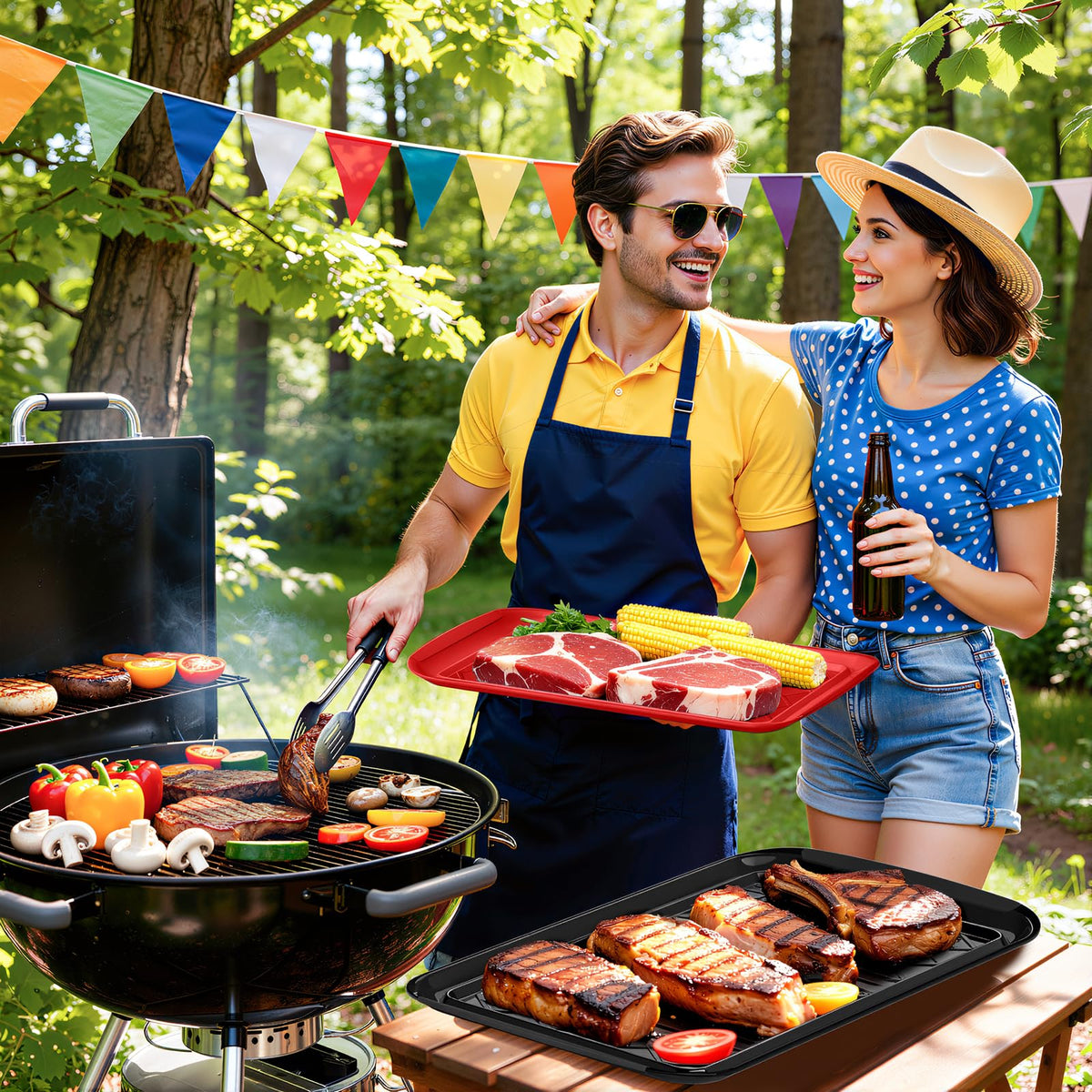 Stackable design saves space for outdoor BBQs with TasticTotes trays.