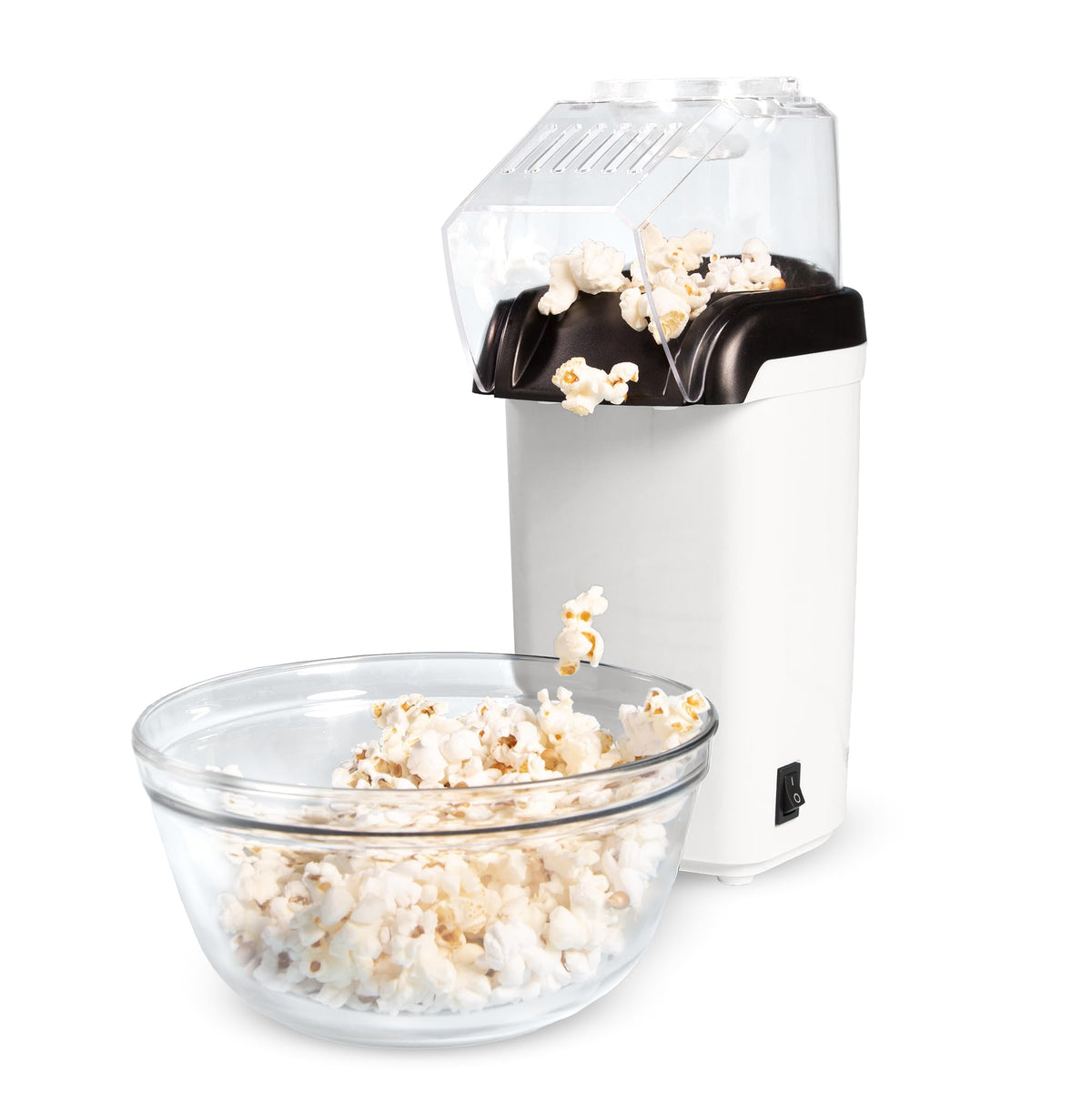 Tasty hot air popcorn popper ready to pop an 8-cup batch.