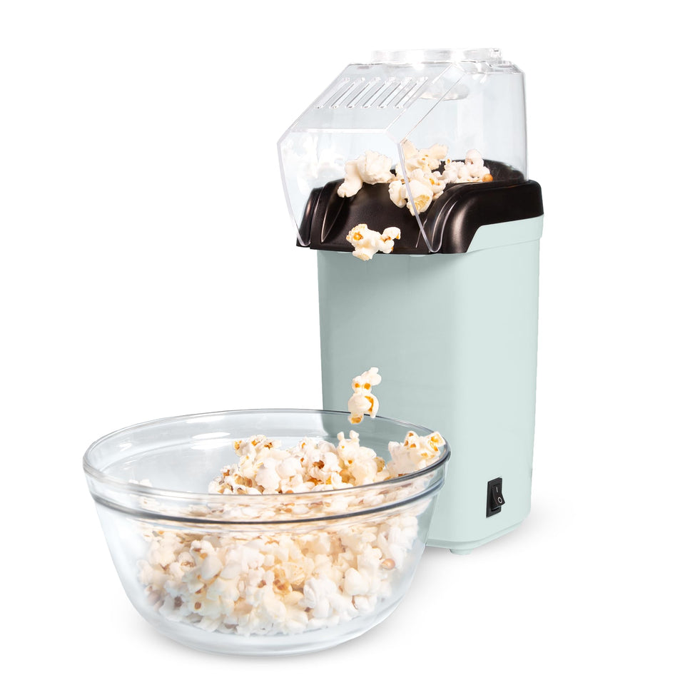 Tasty hot air popcorn popper aqua front view shows compact size for quick snacks.