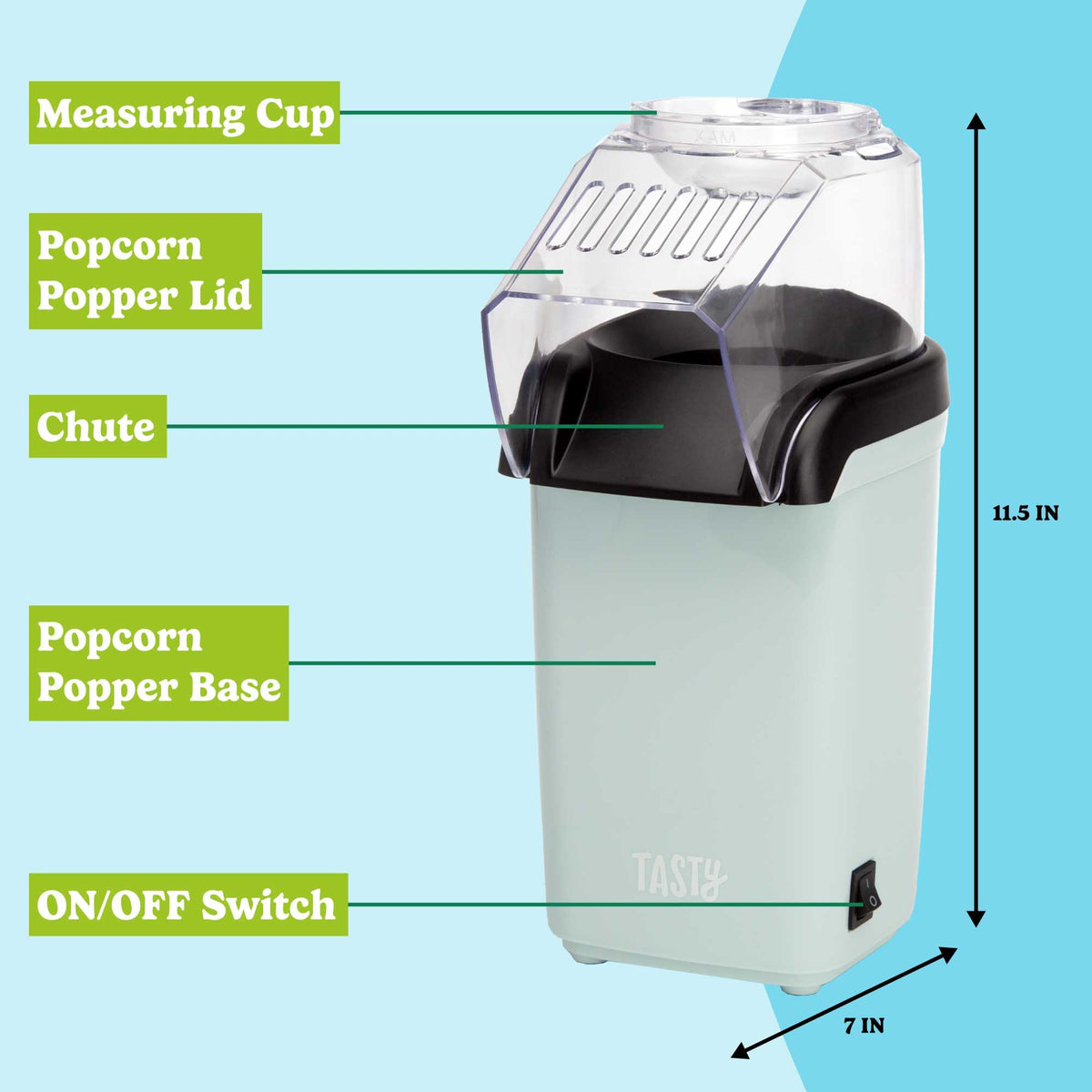 Tasty hot air popcorn popper aqua measuring-cup-butter-tray illustrates dual-use convenience during popping.