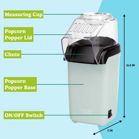 Tasty hot air popcorn popper aqua measuring-cup-butter-tray illustrates dual-use convenience during popping.