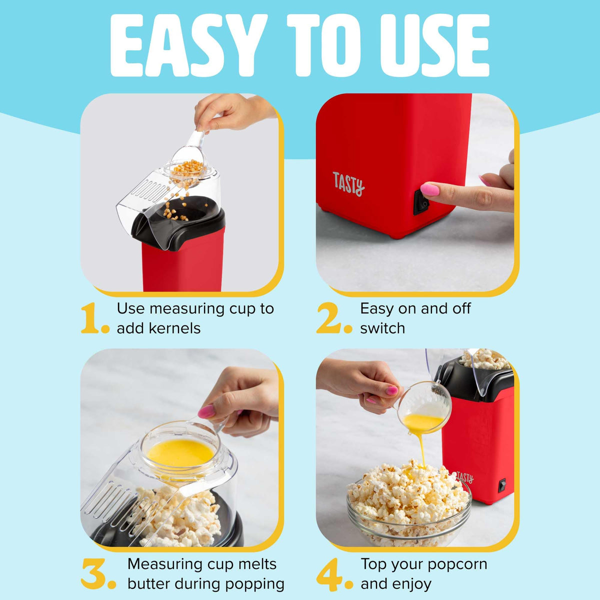 Tasty hot air popcorn popper measuring-cup butter-tray in use for theater-style popcorn.