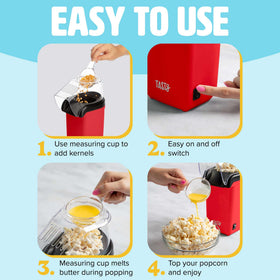Tasty hot air popcorn popper measuring-cup butter-tray in use for theater-style popcorn.