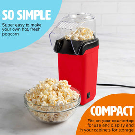 Tasty hot air popcorn popper red side view showing compact kitchen-friendly design.