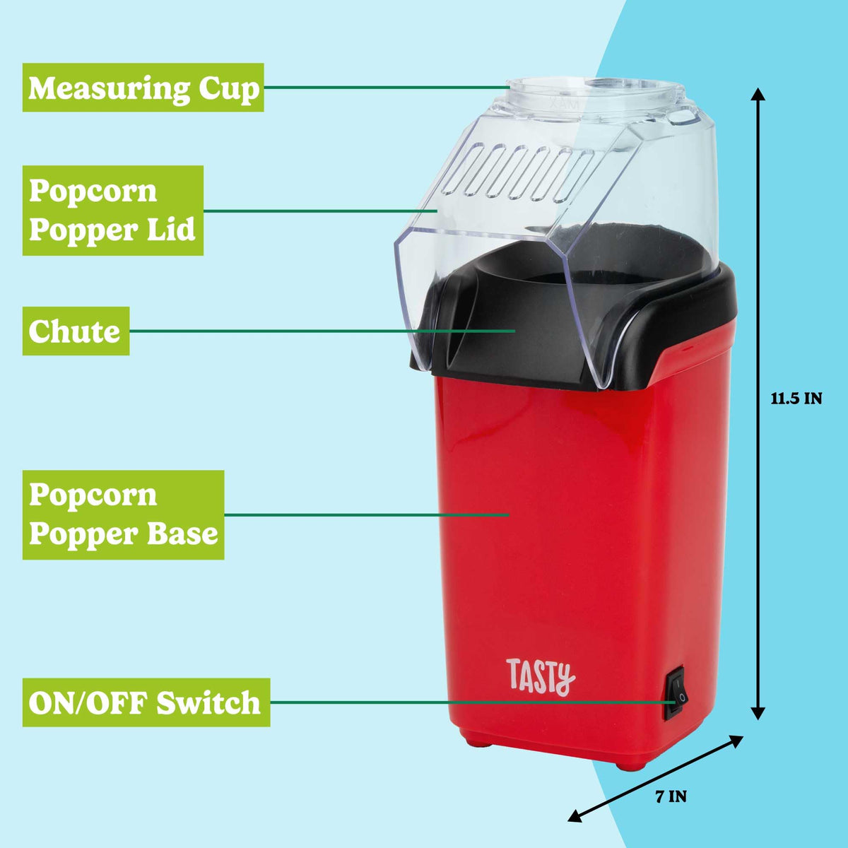 Tasty hot air popcorn popper butter-tray in-use while popcorn pops.