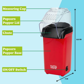 Tasty hot air popcorn popper butter-tray in-use while popcorn pops.