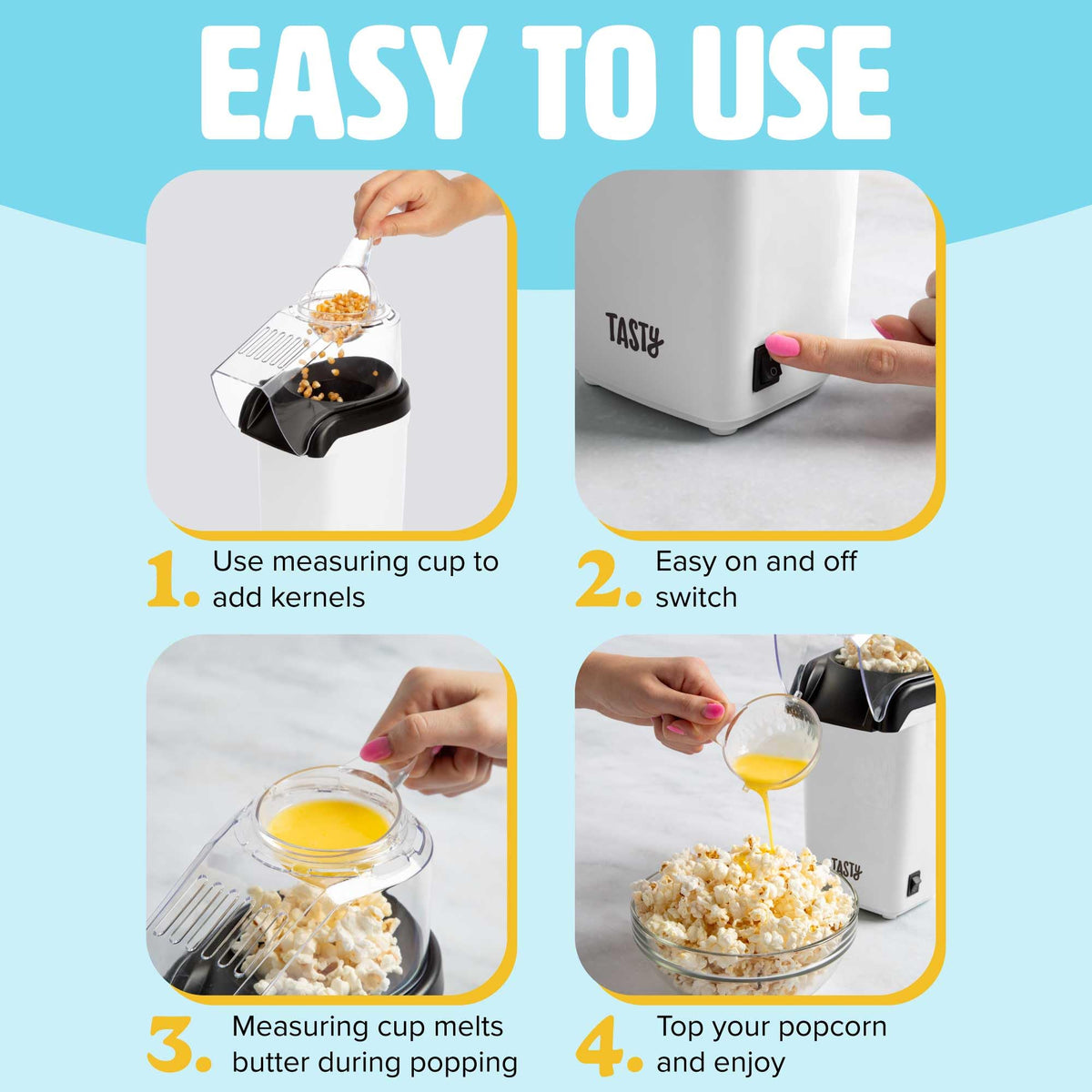 White Tasty popcorn popper on a kitchen counter.