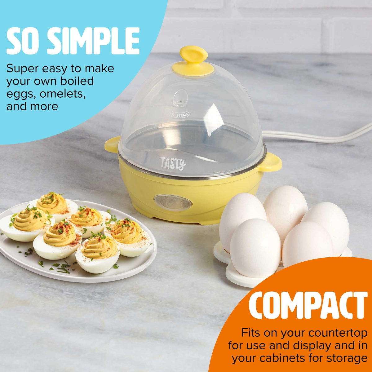 Tasty Mini Egg Cooker showing 5 egg capacity for batch breakfasts