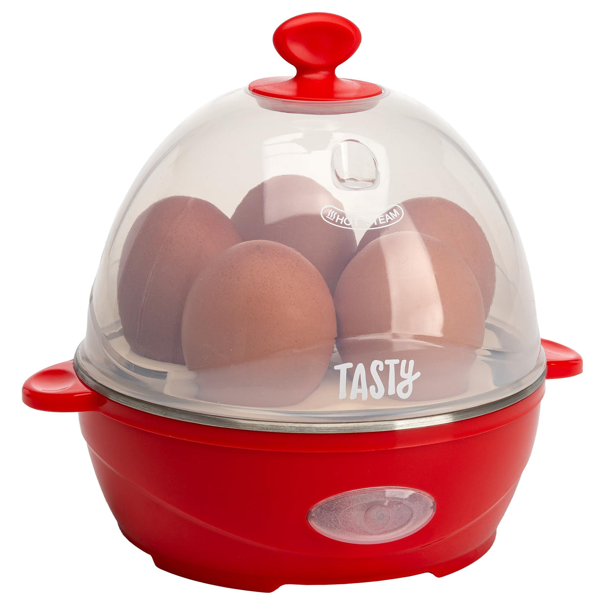 Tasty Mini Egg Cooker showing its 5-egg capacity for quick, easy hard-boiled eggs.