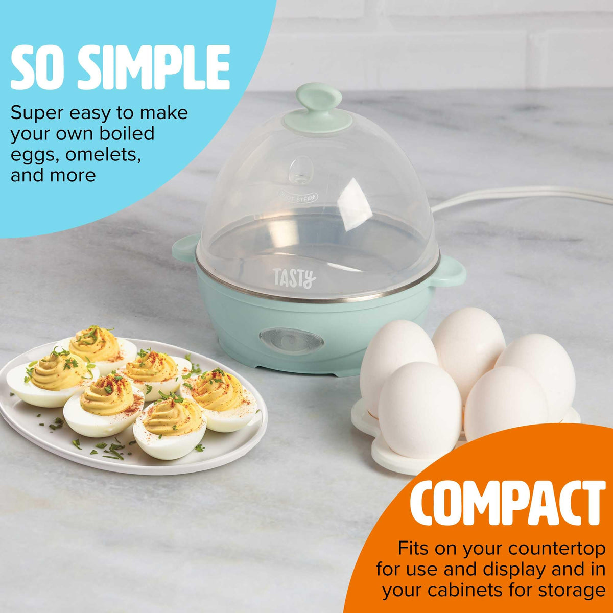 Tasty Mini Egg Cooker 5-egg tray ready for boiling, saving time and water.