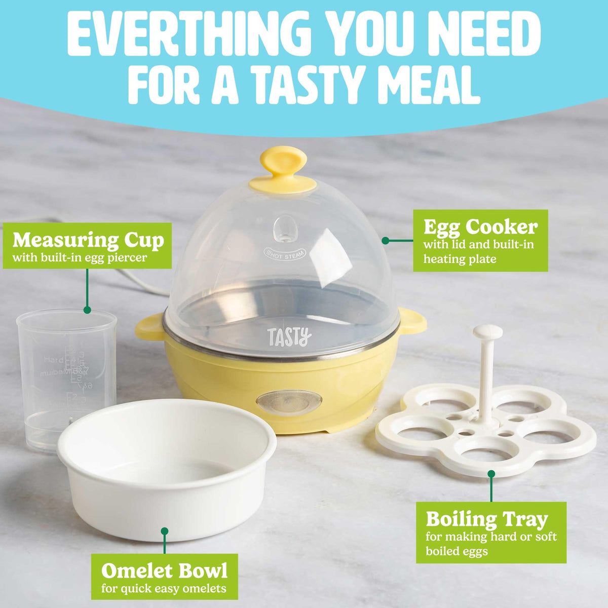 All in one package includes omelet tray and measuring cup for precision