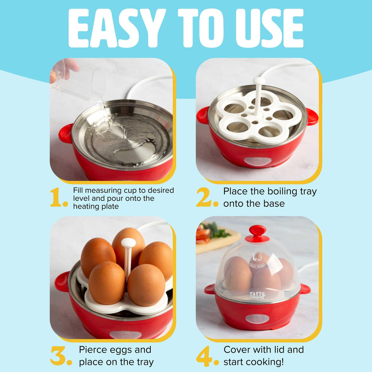 Tasty Mini Egg Cooker measuring cup with built-in piercer for precise timing.
