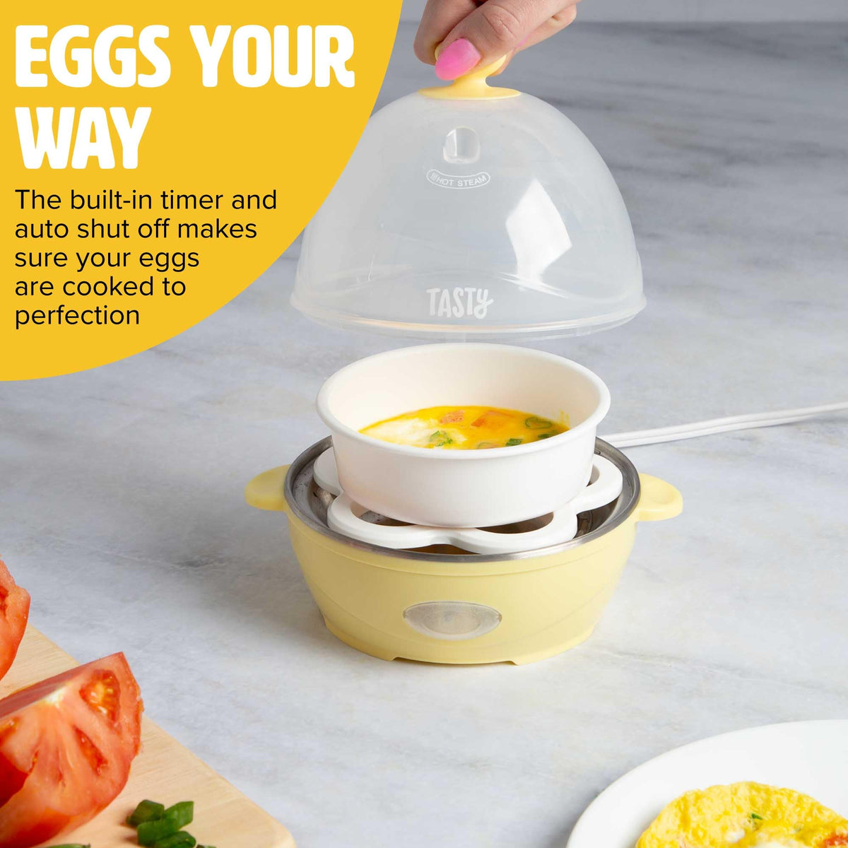 Omelet bowl in use with Tasty Mini Egg Cooker for quick omelets