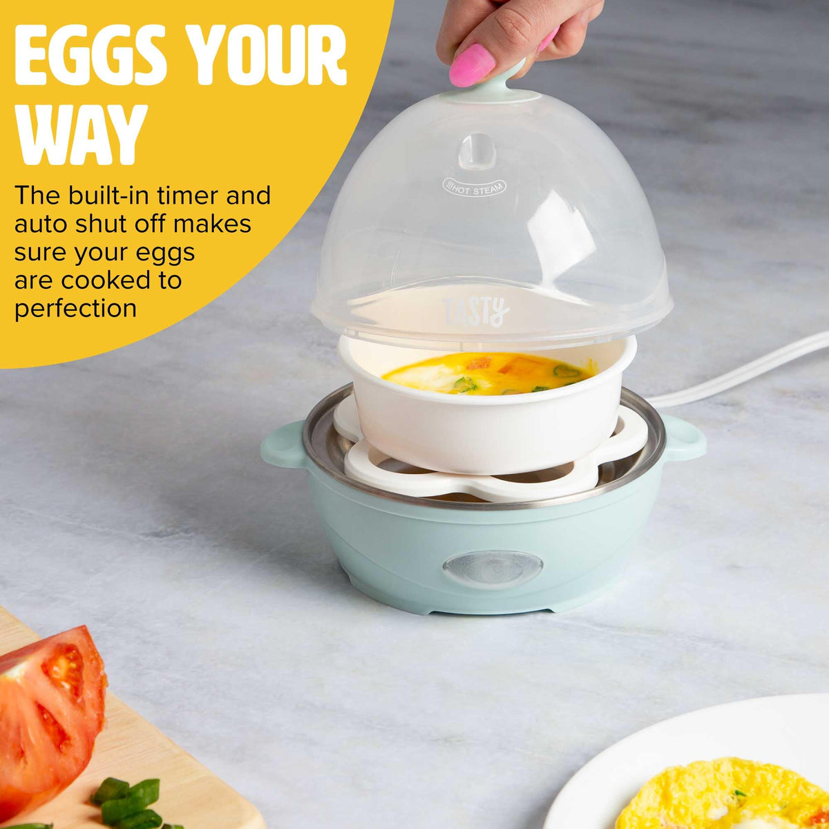 Tasty Mini Egg Cooker omelet bowl included for personalized omelets.