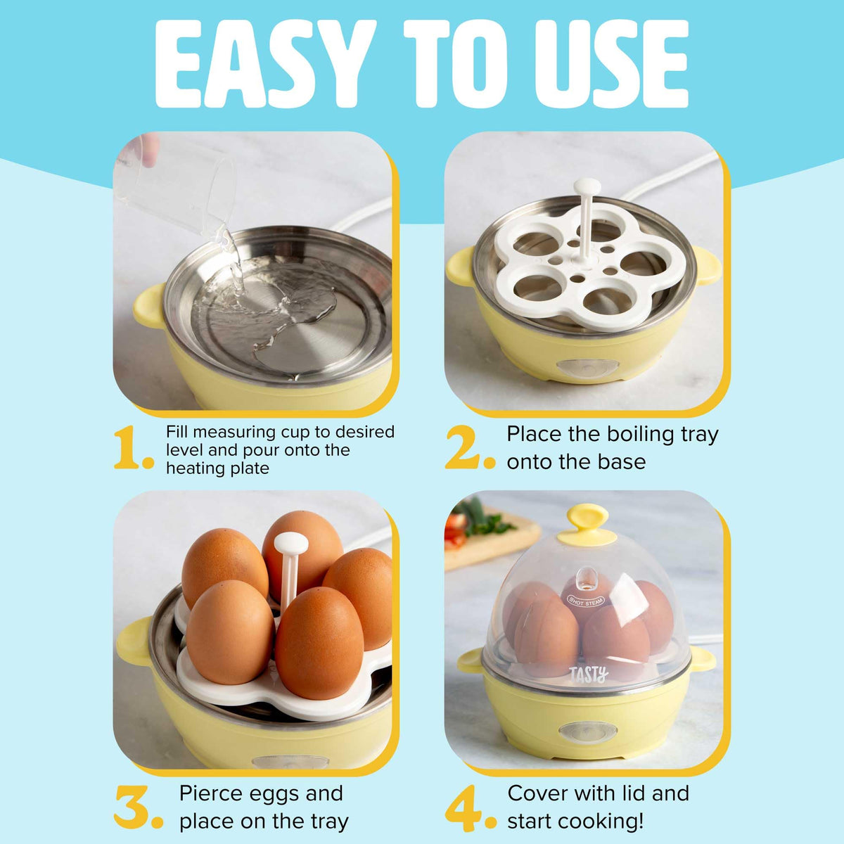 Bright yellow Tasty Egg Cooker adds color and convenience to a dorm room