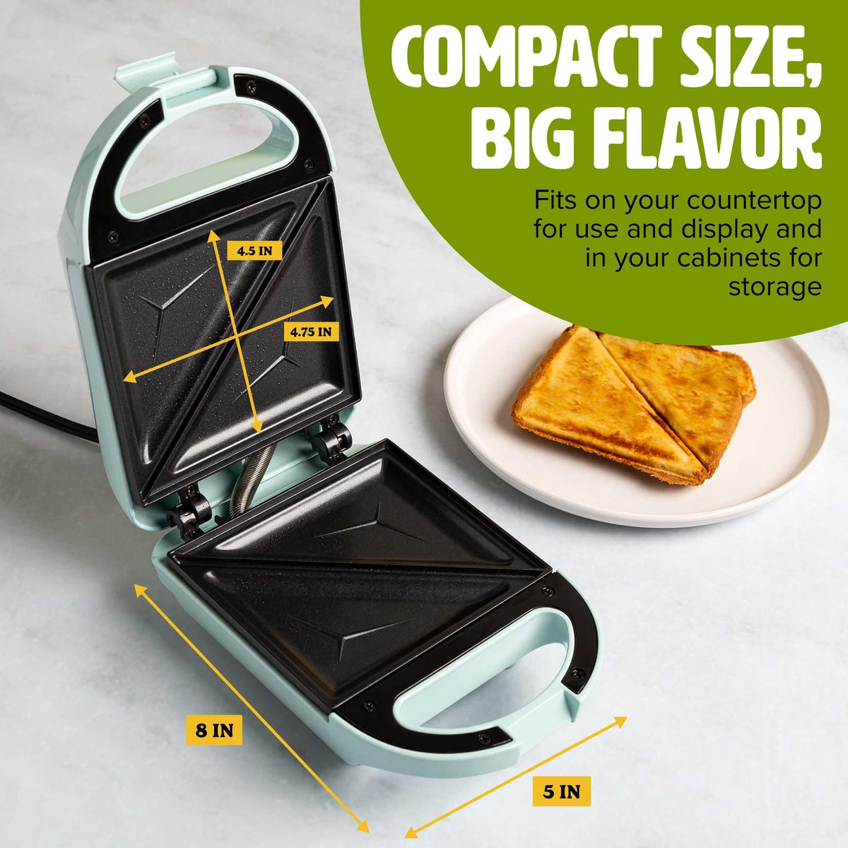 Tasty Mini Sandwich Maker compact design saves counter space.