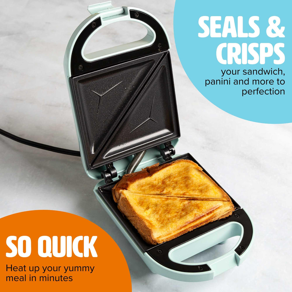 Tasty Mini Sandwich Maker with dual-sided surface browns evenly.