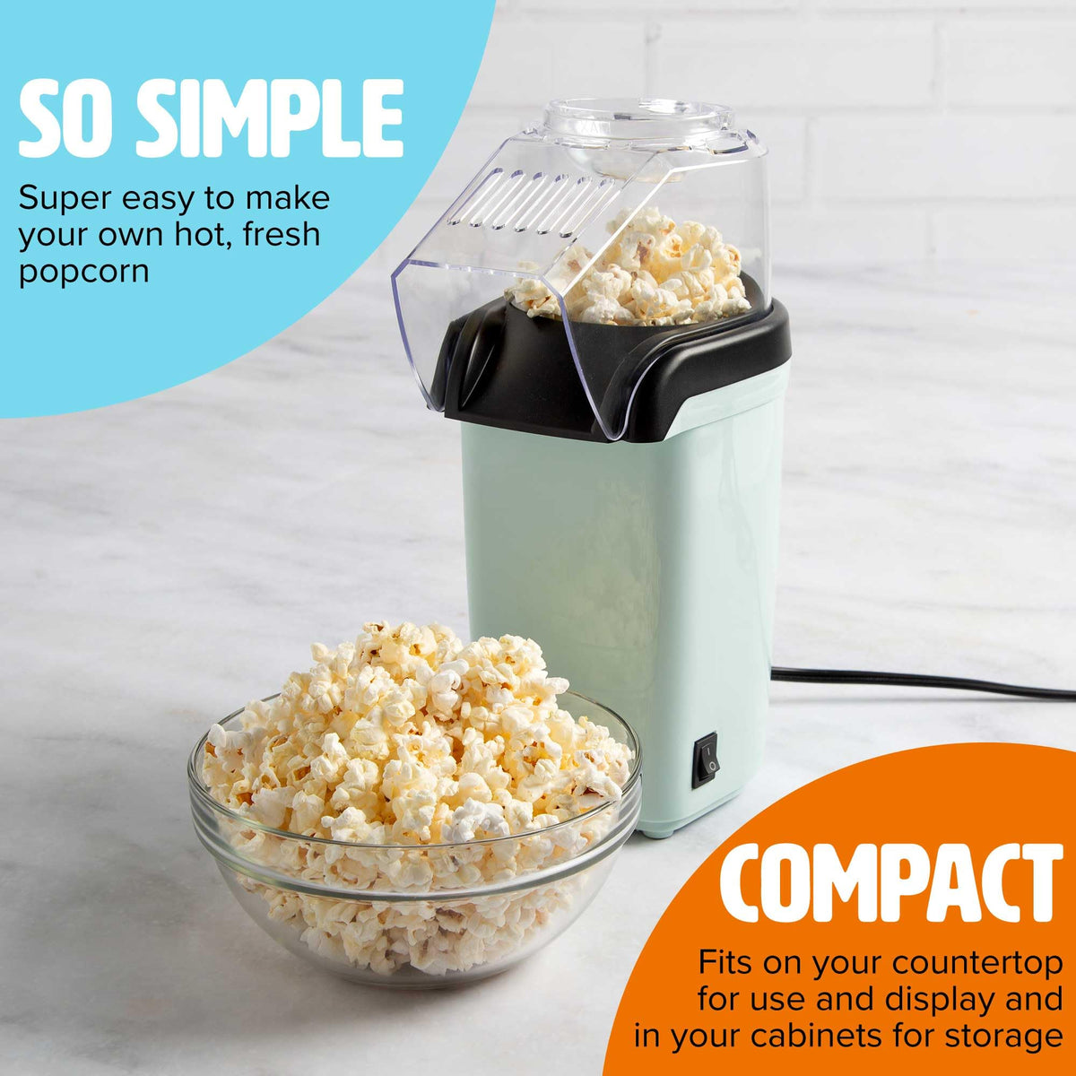 Tasty hot air popcorn popper aqua 8-cups graphic highlights large capacity for gatherings.