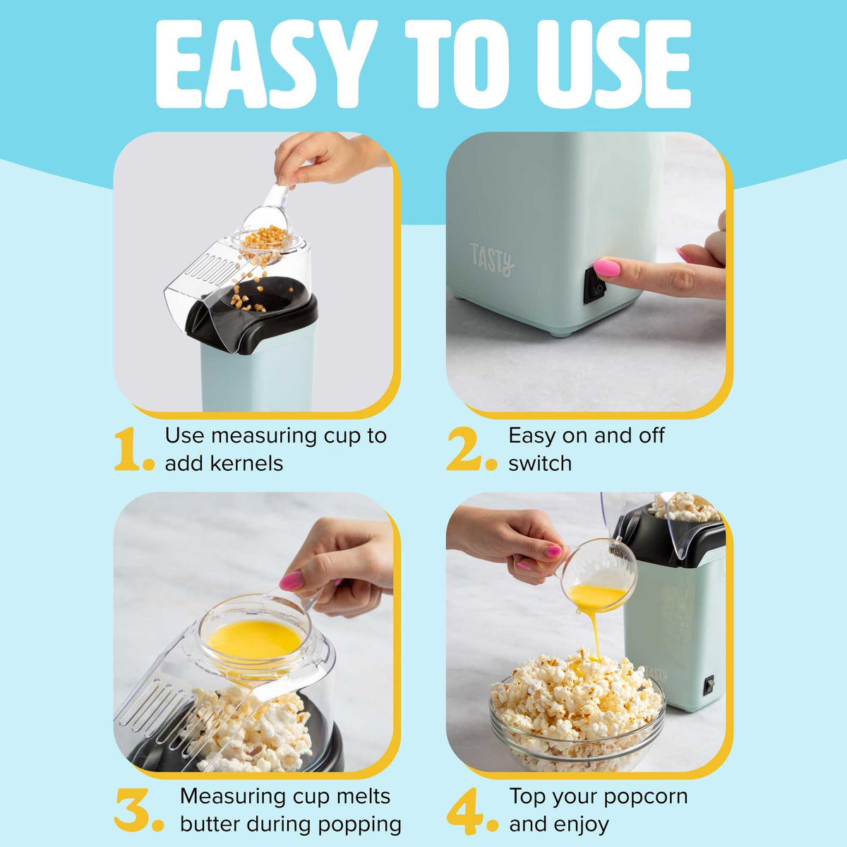 Tasty hot air popcorn popper aqua bowl-under-chute ready to catch fresh popcorn.