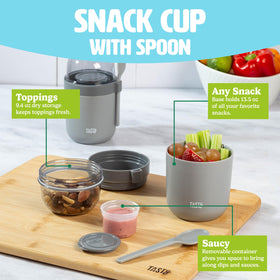Tasty snack cups with divided compartments for neat storage of nuts and oats.