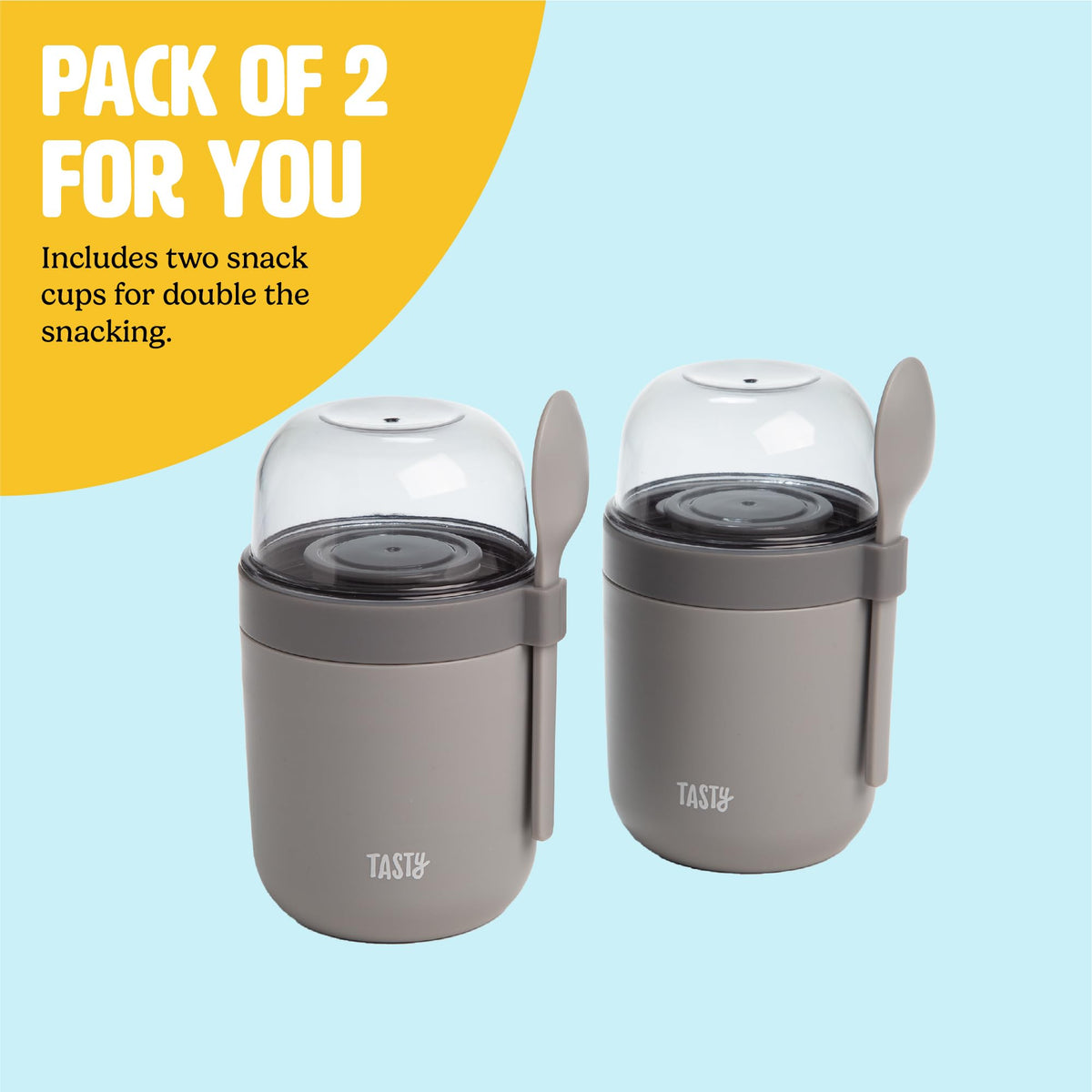 Tasty snack cups feature dual-threaded lid for a secure seal.