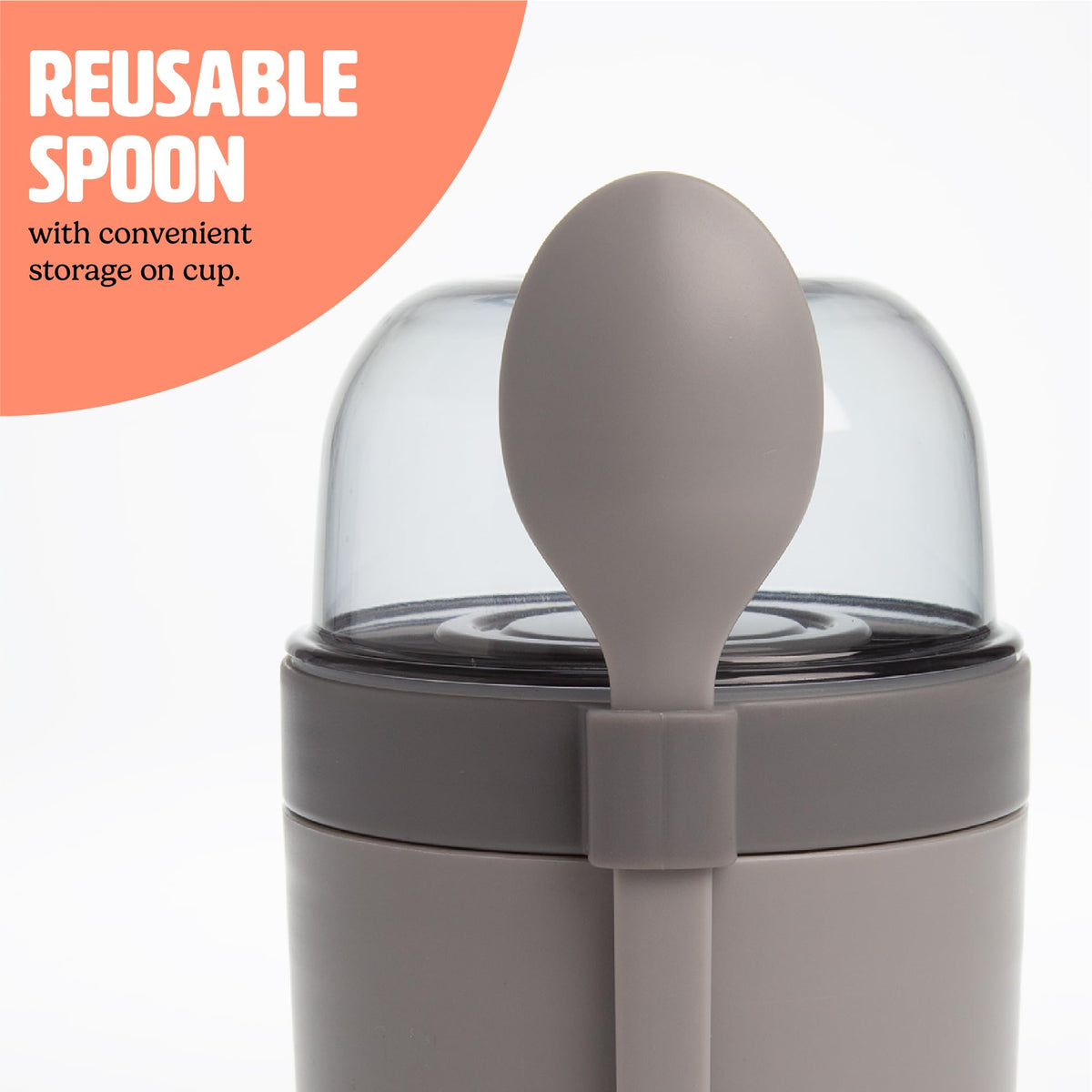 Tasty snack cups include a built-in spoon holder for quick serving.