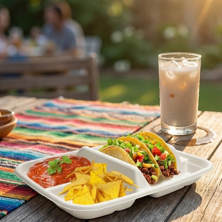 Tasty Taco bar display setup with white plates for a cohesive spread