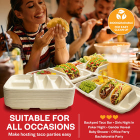 Biodegradable and compostable Tasty Taco plates reduce waste at gatherings.