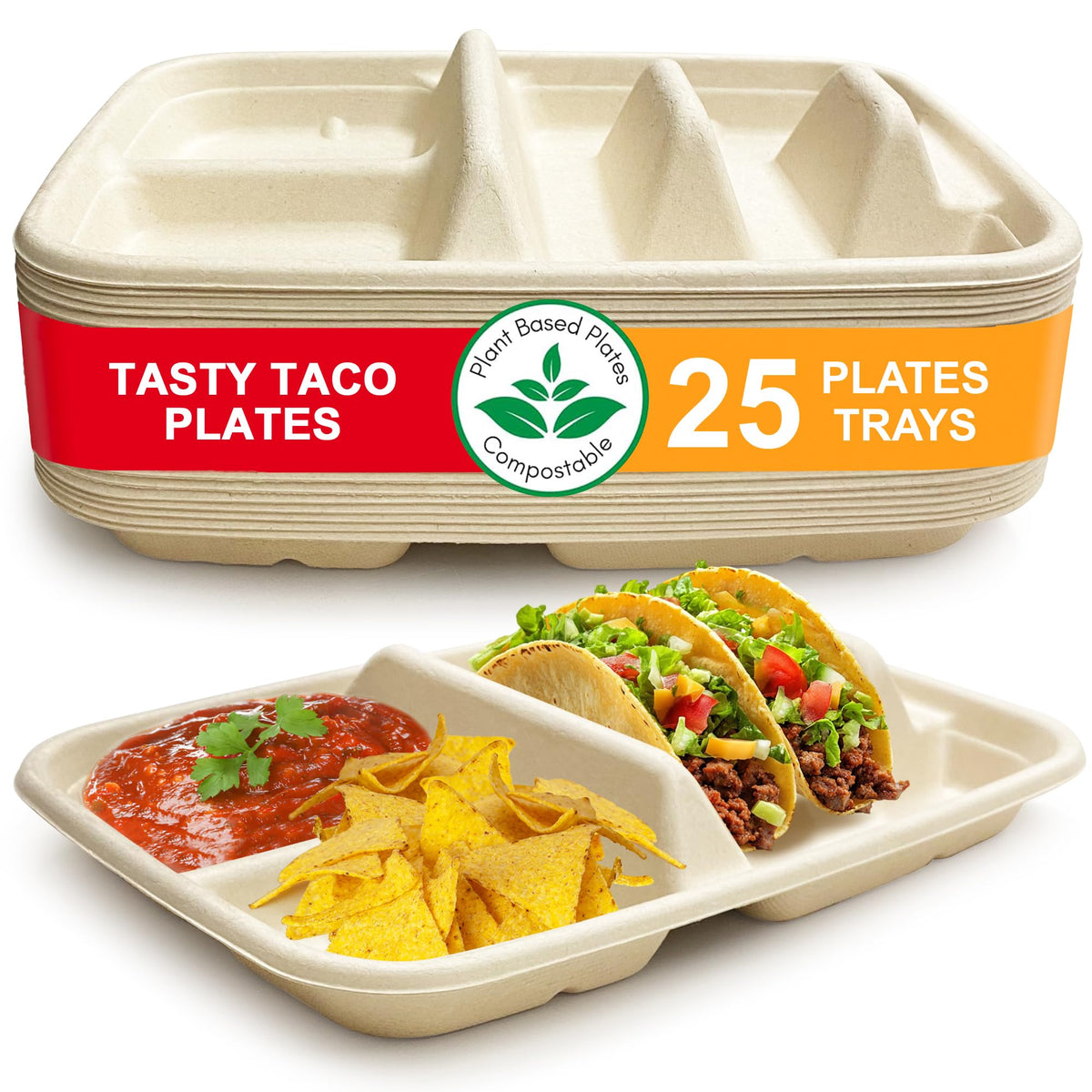 Tasty Taco disposable plates with dividers holding two tacos and two sides.