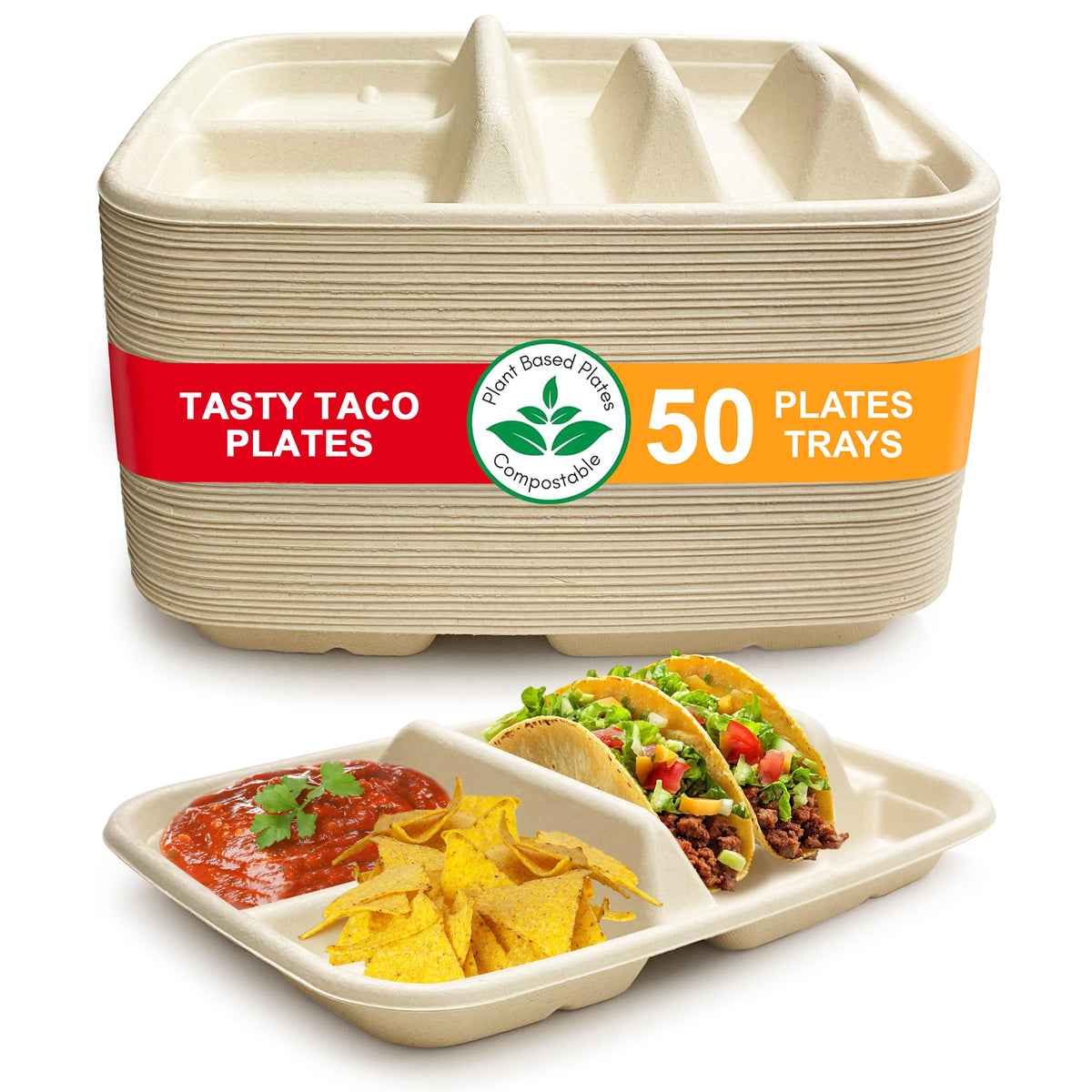 Tasty Taco disposable taco plates with dividers in beige, 50-pack