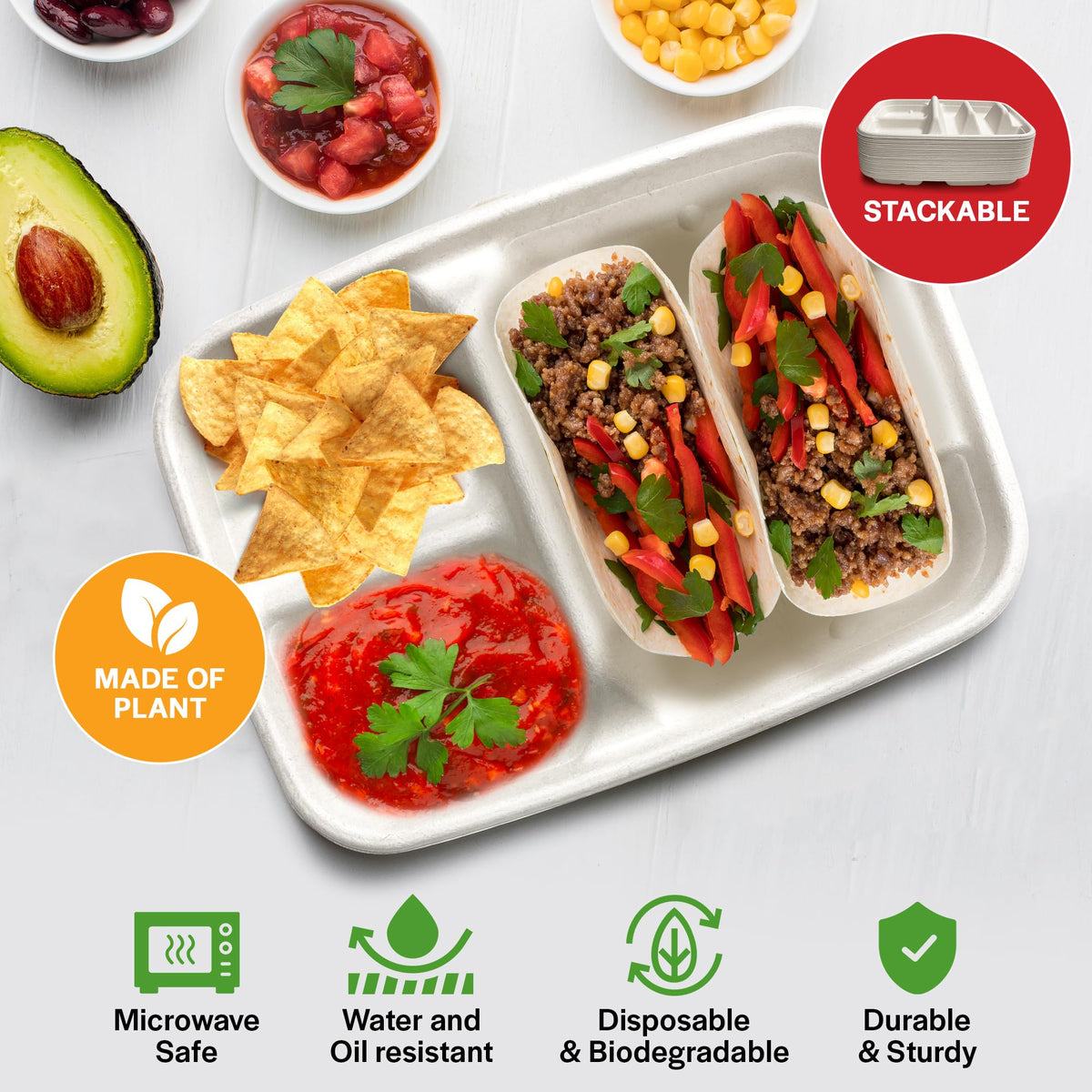 Tasty Taco hard-shell tacos on plate emphasize sturdy, spill-minimizing setup.