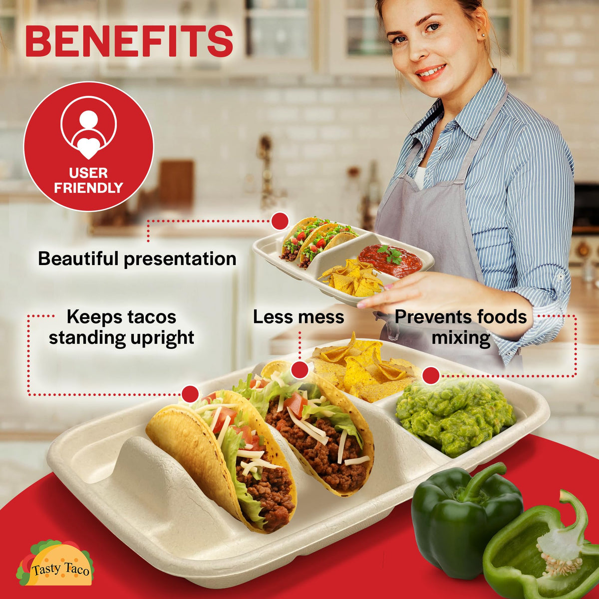 Taco bar serving set with 25-pack plates for a convenient self-serve station.