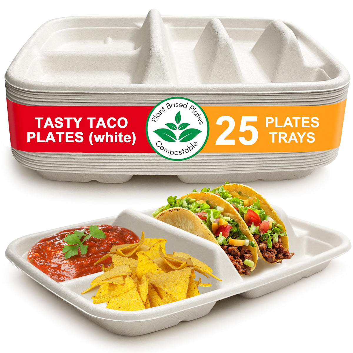 Tasty Taco white disposable plates with dividers ready for 2 tacos and 2 sides