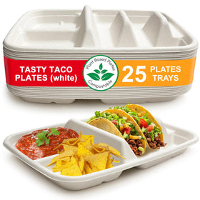 Tasty Taco white disposable plates with dividers ready for 2 tacos and 2 sides
