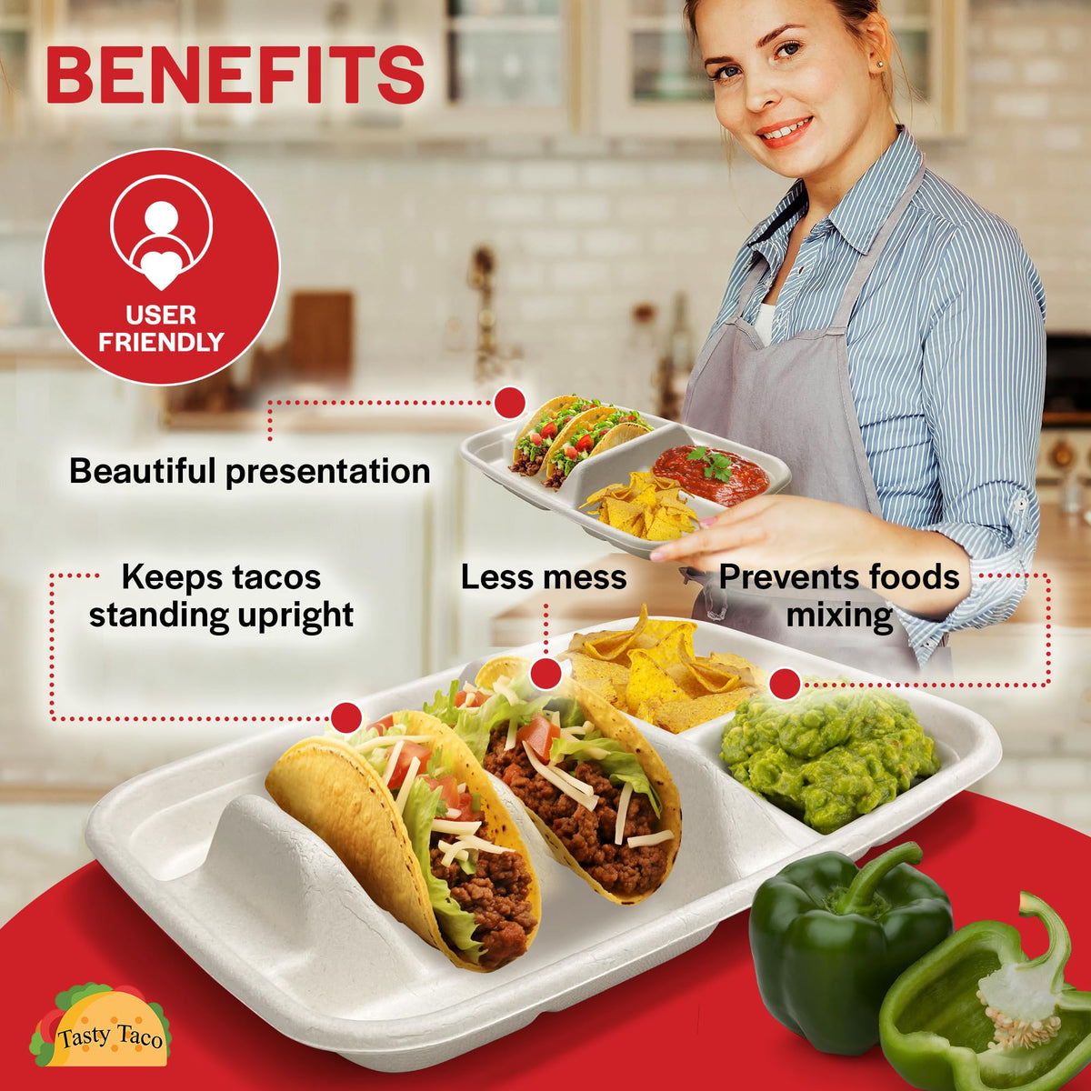 Tasty Taco taco-stand style display with white plates for fiesta