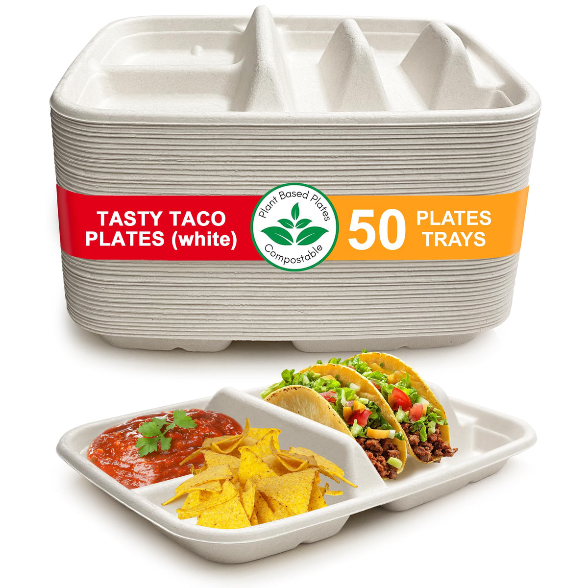 Tasty Taco white plates with dividers hold two tacos and two sides for gatherings.