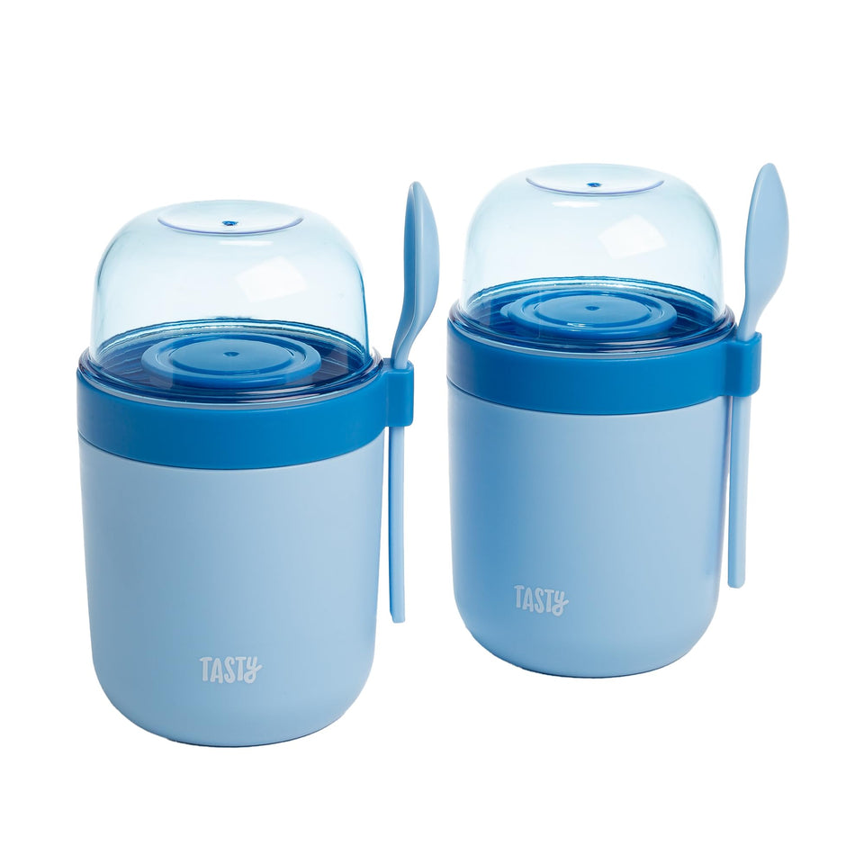 Tasty travel snack cups with spoons in blue, ideal for on-the-go snacking.